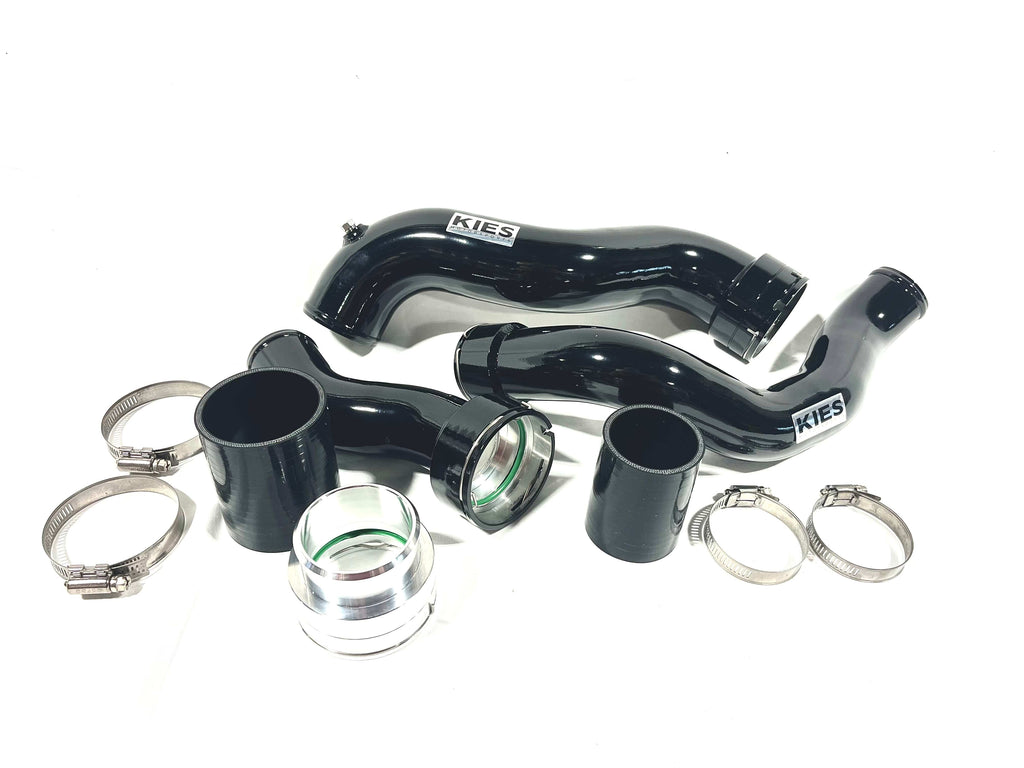 Kies Motorsports — MINI F54 F55 F56 F57 B48 charge pipe and boost pipe combo, installed on vehicle, rear three-quarter view, F54 F55 F56 F57