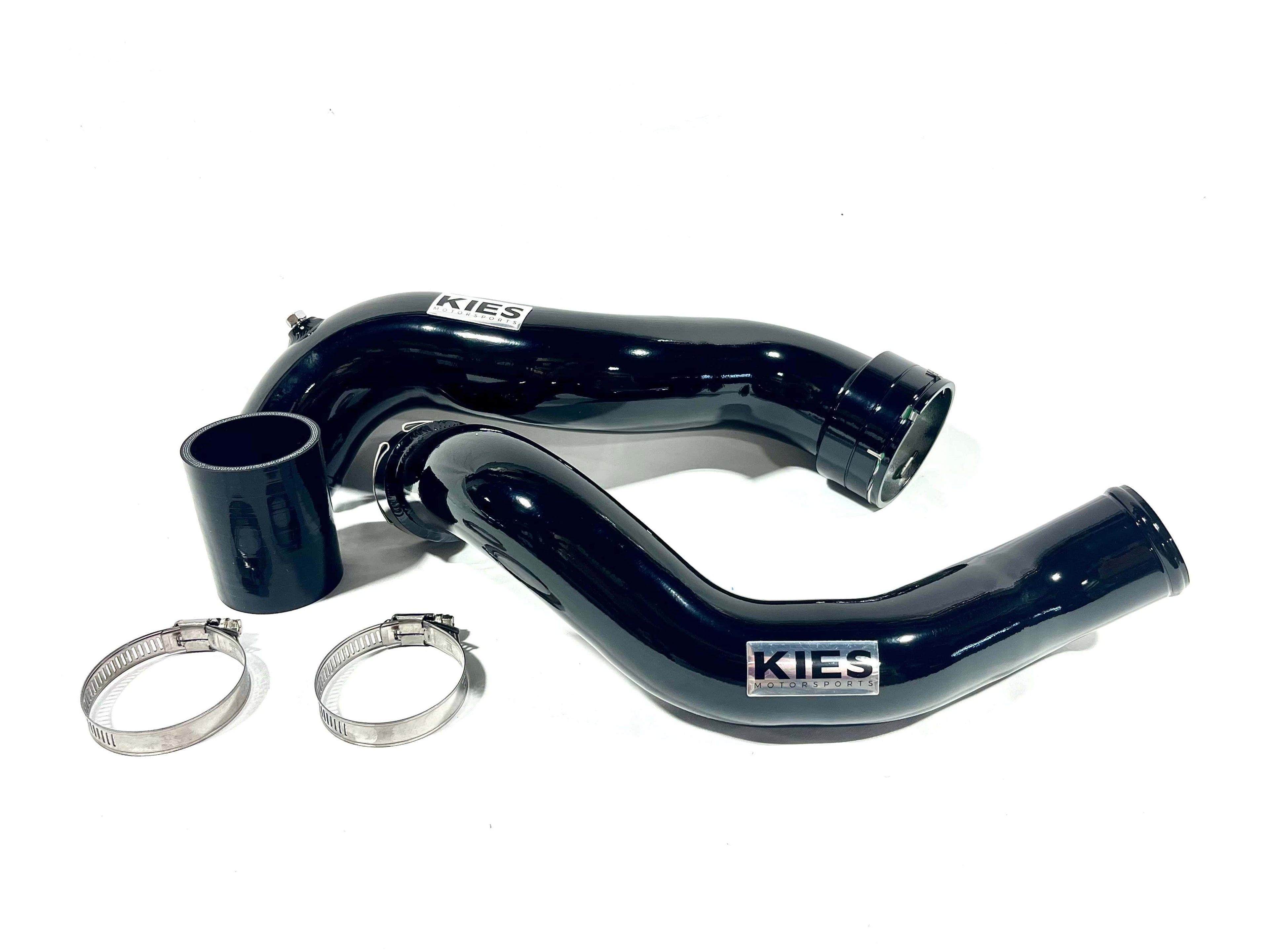 Kies Motorsports — MINI F54 F55 F56 F57 B48 charge pipe and boost pipe combo, angle view showing profile and fitment for F54 F55 F56 F57