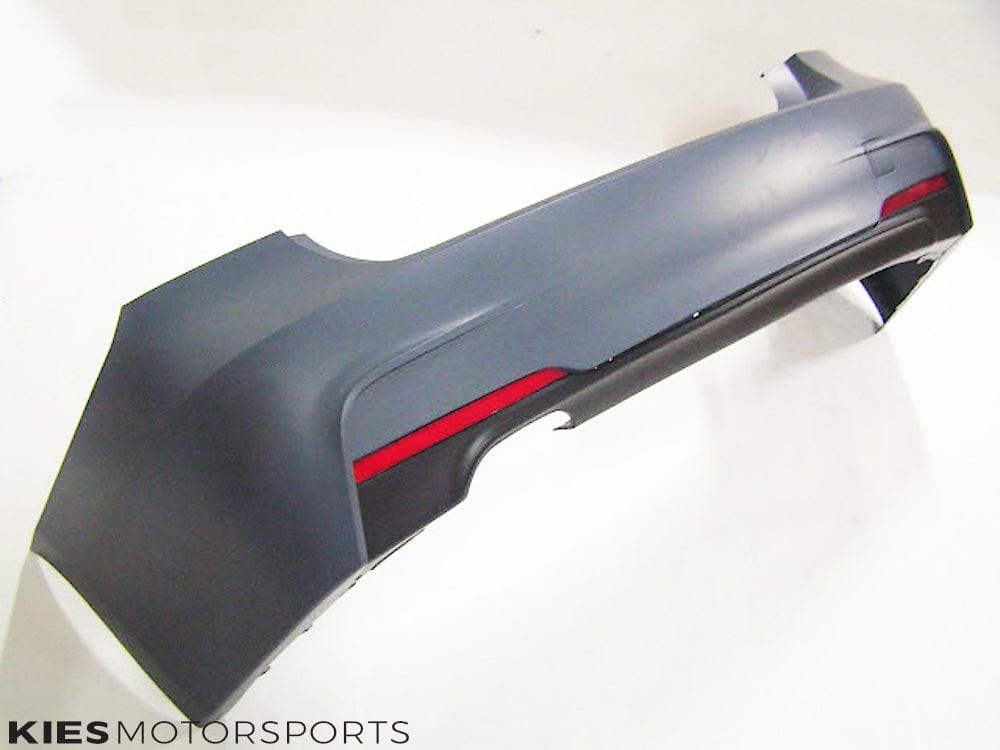 Kies Motorsports — BMW F30 rear bumper conversion, installed on vehicle, rear three-quarter view, F30