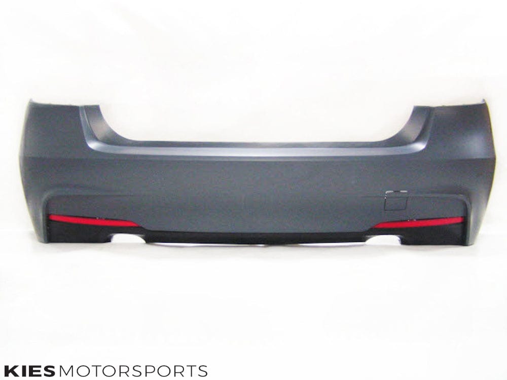 Kies Motorsports — BMW F30 rear bumper conversion, front angle showing aggressive styling, F30