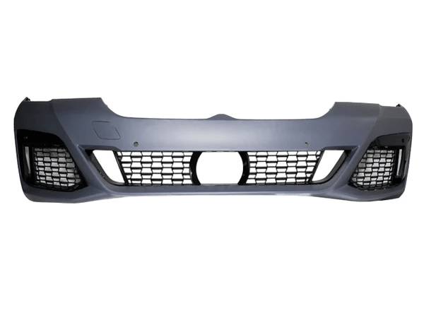 Kies Motorsports — BMW G30 front bumper, installed on vehicle, rear three-quarter view, G30