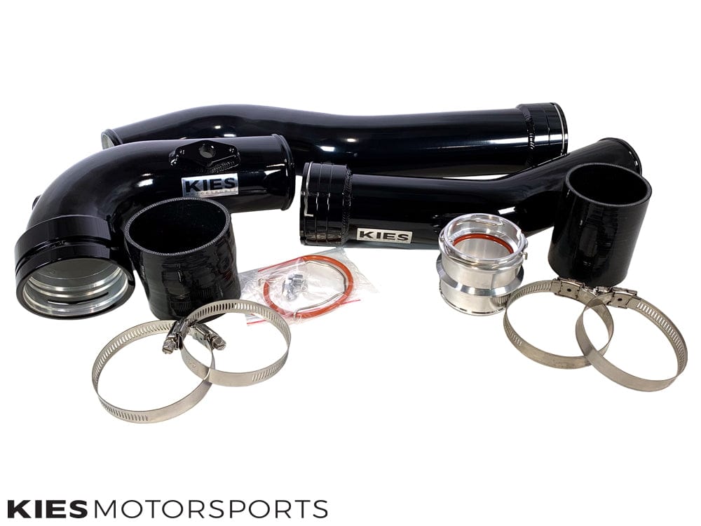 Kies Motorsports — Kies N20 charge pipe close-up showing mandrel-bent aluminum and black powdercoat