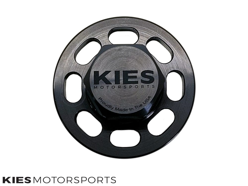 Kies Motorsports — installed on-vehicle shot of Kies Motorsports Crank Bolt Lock for S55, N55, and N54