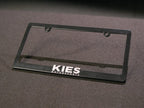 Kies Motorsports — Kies license plate frame close-up showing Kies Motorsports logo engraving