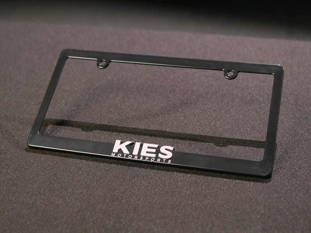 Kies Motorsports — Kies license plate frame close-up showing Kies Motorsports logo engraving