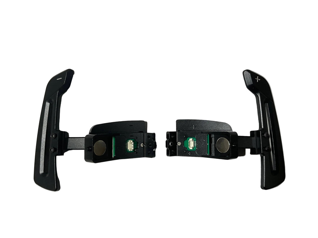 Kies Motorsports — front angle view of Kies Motorsports Porsche 992 Aluminum Alloy (Black) w/ Carbon Fiber Option Magnetic Paddle Shifters