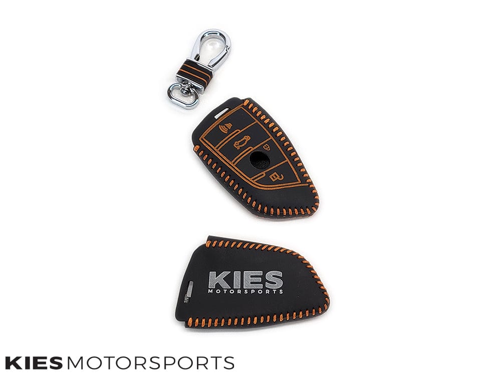 Kies Motorsports — Kies leather keychain close-up showing real leather grain and Kies embossed logo