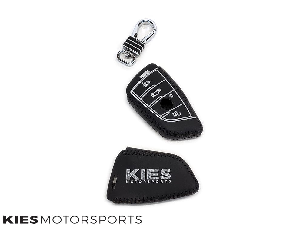 Kies Motorsports — Kies leather key protector with BMW G Series smart key inserted showing perfect fit