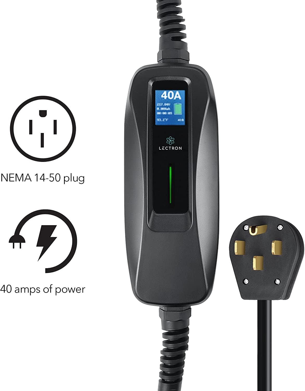 Kies Motorsports — packaging/product overview of Lectron 240V 40 Amp Level 2 EV Charger with 18ft Extension Cord J1772 Cable & NEMA 14-50 Plug Electric Vehicle Charger
