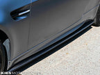 Kies Motorsports — rear angle view of 2007-2013 BMW M3 (E92 / E93) E-Type Carbon Fiber Side Skirt Extensions