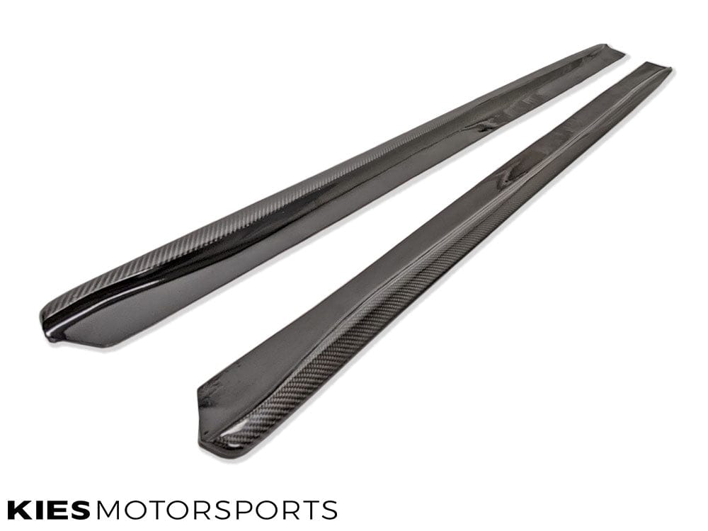 Kies Motorsports — 3D Style carbon fiber side skirt extension mounted on BMW F32 4 Series coupe, side profile view showing aggressive aero styling