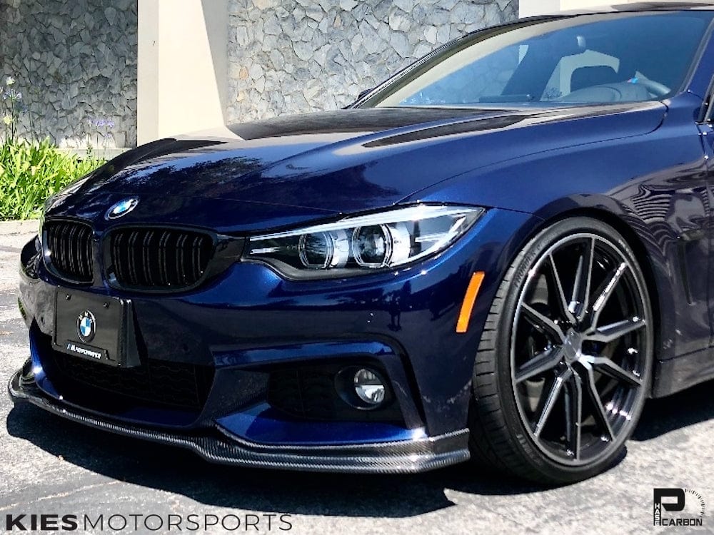 Kies Motorsports — BMW F32 F33 F36 front lip splitter, close-up detail of finish and mounting points, F32 F33 F36