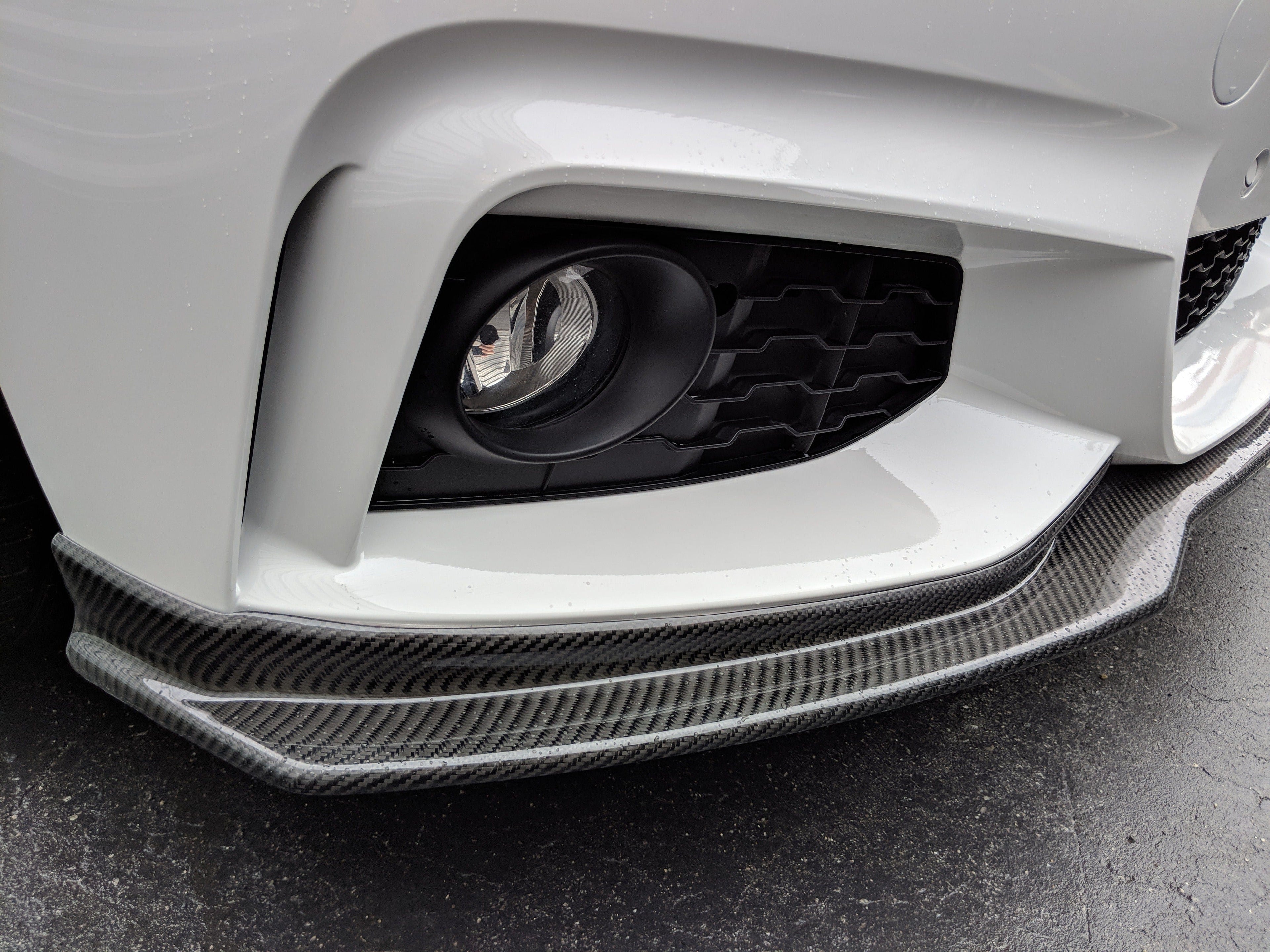 Kies Motorsports — BMW F32 F33 F36 front lip splitter, angle view showing profile and fitment for F32 F33 F36