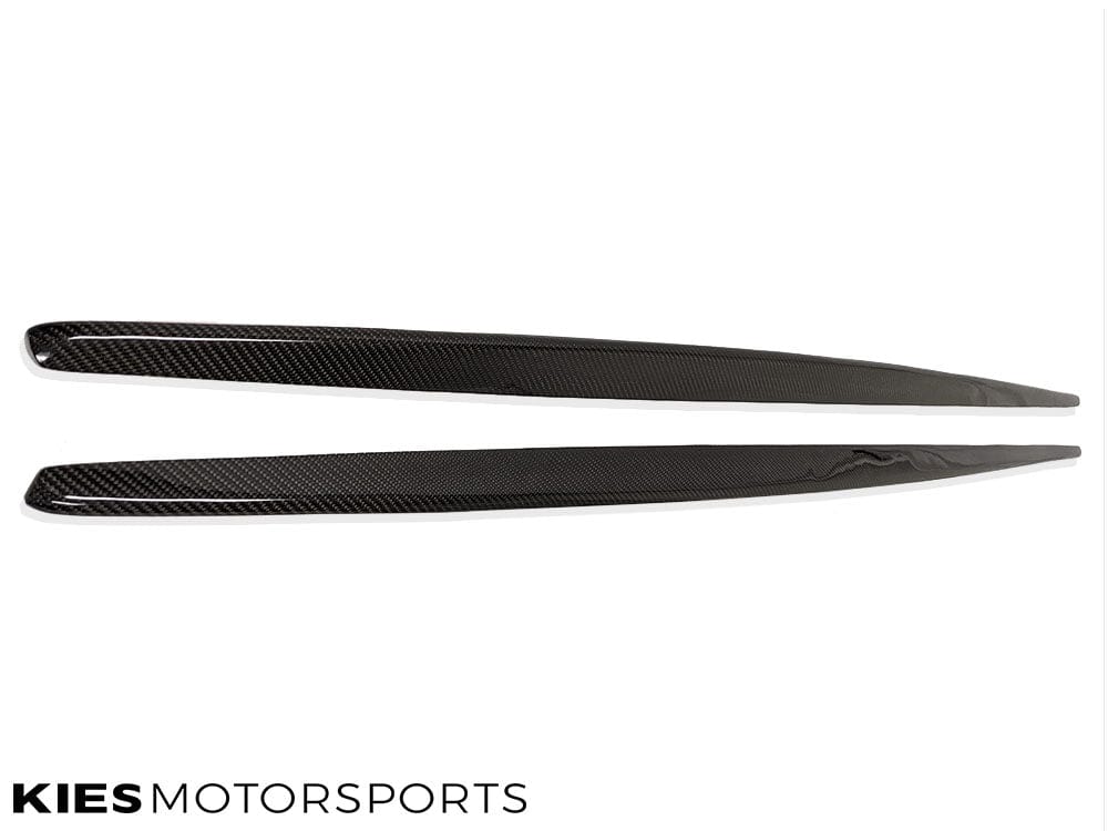 Kies Motorsports — rear three-quarter view of BMW F22 2 Series with carbon fiber side skirt extension, highlighting extended lower profile