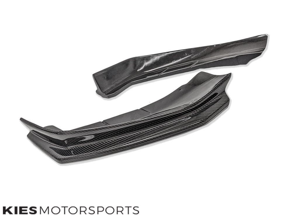 Kies Motorsports — all three pieces of JGS carbon fiber front lip kit for BMW G30 displayed pre-installation, showing individual sections