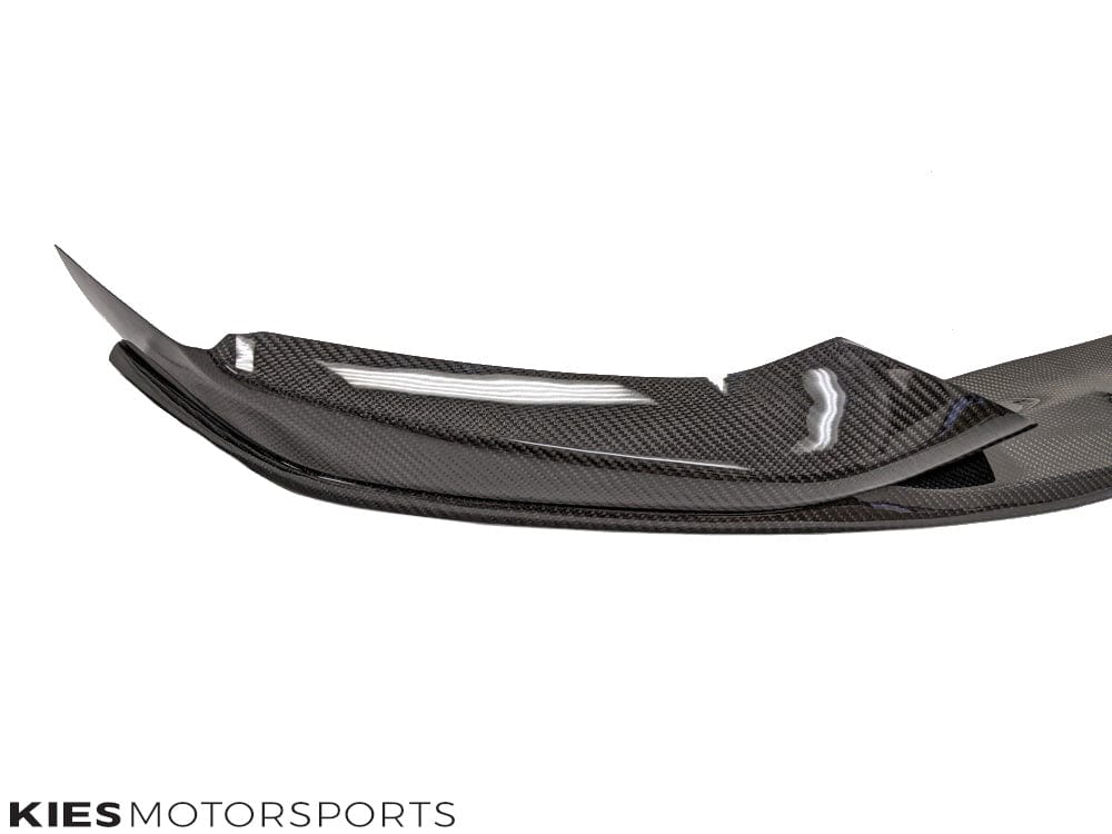 Kies Motorsports — BMW G30 5 Series Pre-LCI with performance carbon front lip, front three-quarter angle highlighting lip-to-bumper fitment