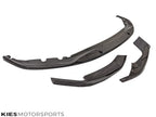 Kies Motorsports — three-piece performance carbon fiber front lip kit for BMW G30 laid out, showing all sections and carbon weave pattern