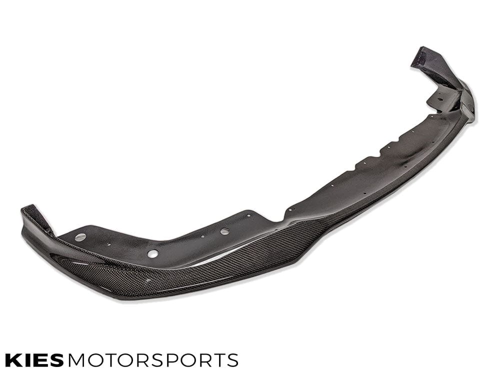 Kies Motorsports — close-up of E-Type carbon front lip center section on BMW G20, showing carbon weave, edge finish and splitter detail
