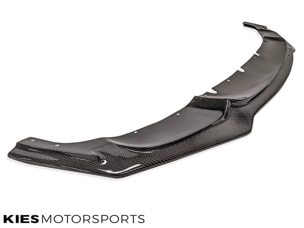 Kies Motorsports — BMW F30 front lip splitter, installed on vehicle, rear three-quarter view, F30