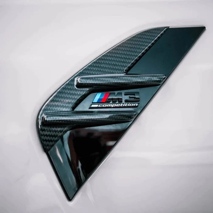 Kies-Motorsports R44 Performance MHC+ BMW M3 Side Fender Badge Covers In Gloss Pre Preg Carbon Fibre (G80/G81)