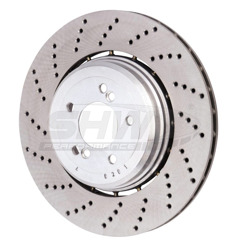 SHW 06-10 BMW M5 5.0L Left Rear Cross-Drilled Lightweight Brake Rotor (34212282807) Secondary image