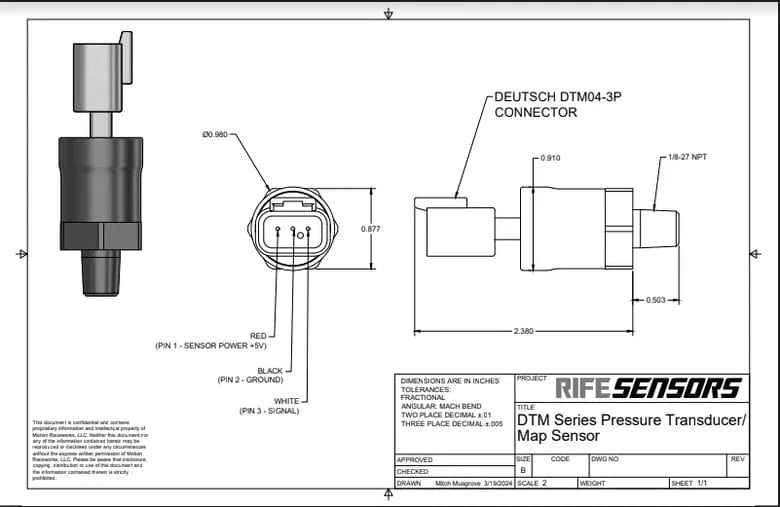 Kies-Motorsports TBM Brakes TBM Brakes RIFE 1600 PSI DTM Series Pressure Sensor Transducer 1/8" NPT