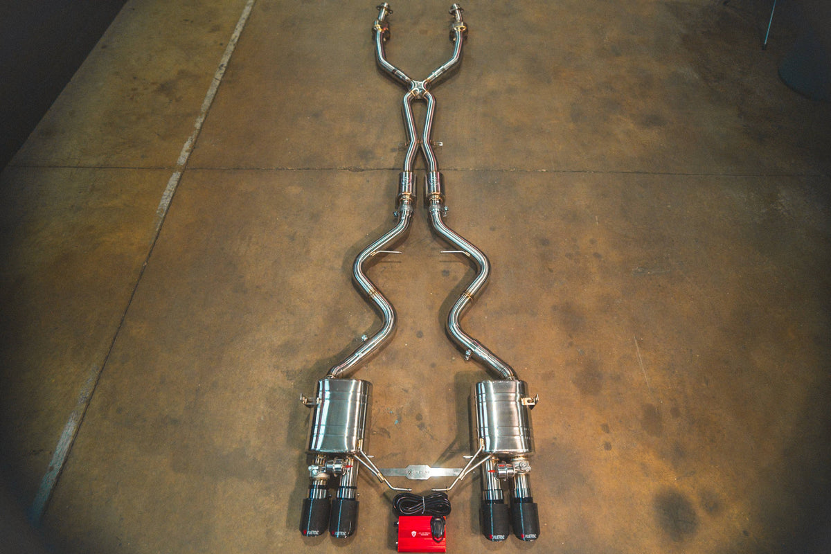 Kies-Motorsports Valvetronic Designs BMW E9x M3 Valved Sport Exhaust System (V2) '+ SPORT Euro 6 Catted 200 Cell MIDPIPE (Dual Resonated) / (4) 1X1 CARBON (3.5" OUTLET)