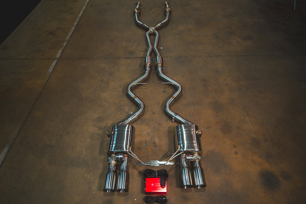 Kies-Motorsports Valvetronic Designs BMW E9x M3 Valved Sport Exhaust System (V2) '+ SPORT Euro 6 Catted 200 Cell MIDPIPE (Dual Resonated) / (4) BRUSHED STEEL (3.5" OUTLET)