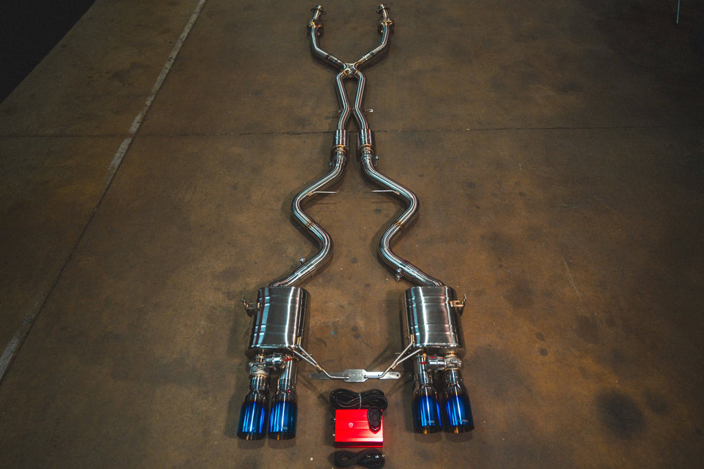 Kies-Motorsports Valvetronic Designs BMW E9x M3 Valved Sport Exhaust System (V2) '+ SPORT Euro 6 Catted 200 Cell MIDPIPE (Dual Resonated) / (4) BURNT (3.5" OUTLET)
