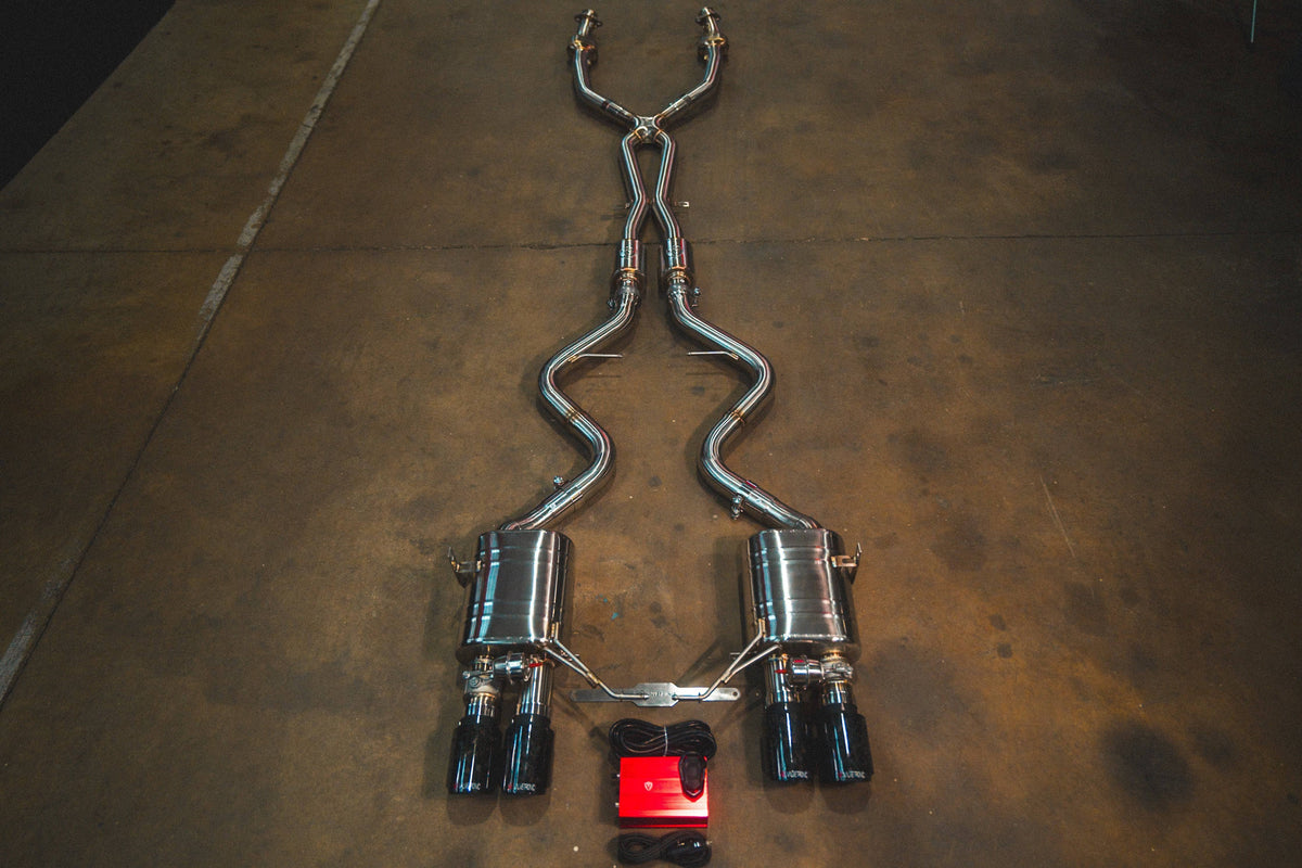 Kies-Motorsports Valvetronic Designs BMW E9x M3 Valved Sport Exhaust System (V2) '+ SPORT Euro 6 Catted 200 Cell MIDPIPE (Dual Resonated) / (4) FORGED CARBON (3.5" OUTLET)