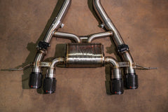 Kies-Motorsports Valvetronic Designs BMW G8x M3 / M4 Valved Sport Exhaust System AXLEBACK / BRUSHED T304 STAINLESS STEEL / (4) 1X1 CARBON FIBER (4.0 OUTLET)