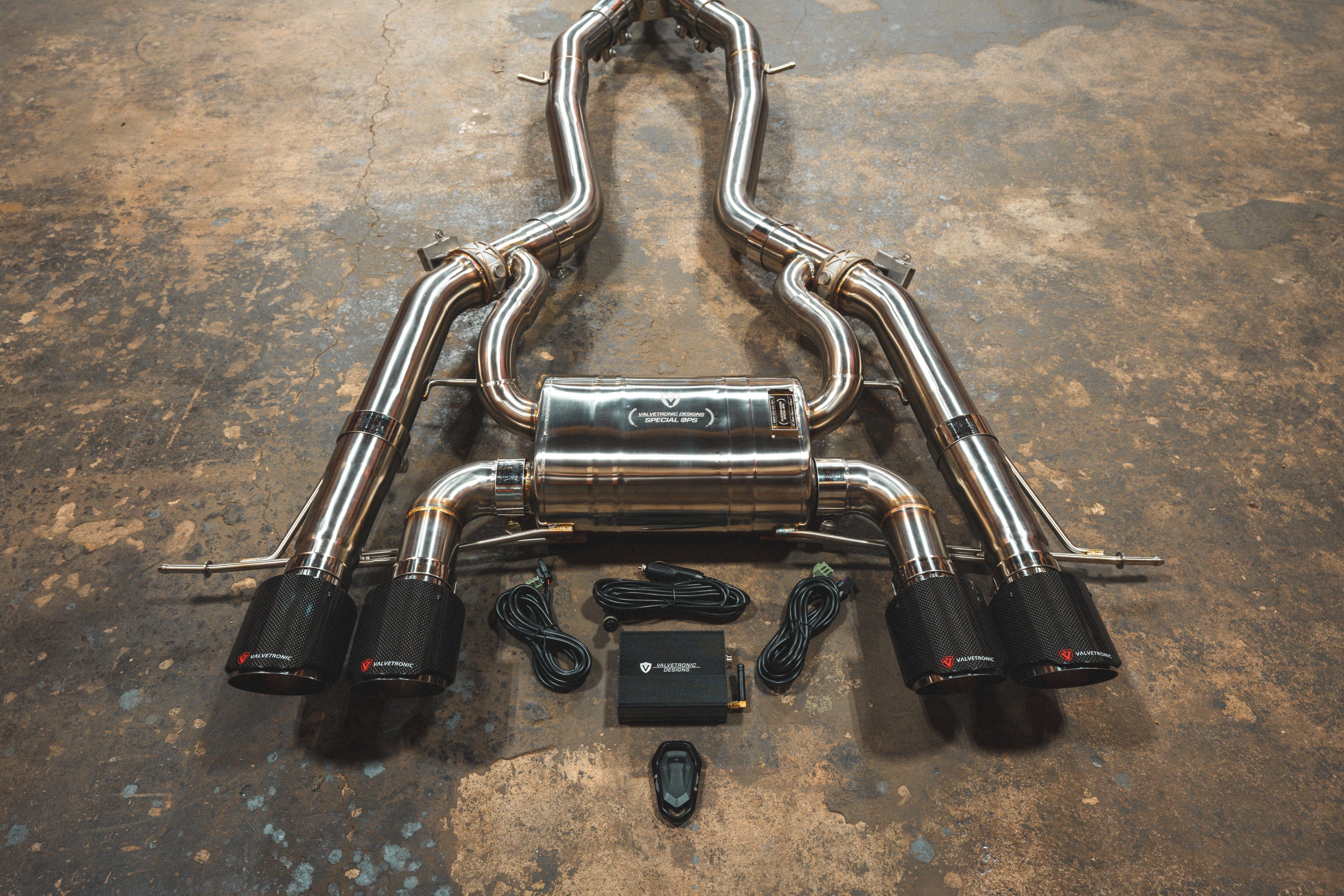 Kies-Motorsports Valvetronic Designs BMW G8x M3 / M4 Valved Sport Exhaust System AXLEBACK ONLY / BRUSHED T304 STAINLESS STEEL / (4) 1X1 CARBON FIBER (4.0 OUTLET)