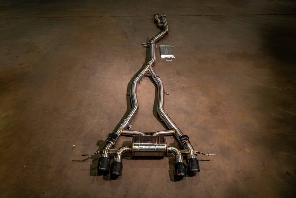 Kies-Motorsports Valvetronic Designs BMW G8x M3 / M4 Valved Sport Exhaust System FULL SYSTEM EQUAL LENGTH (CATBACK) / BRUSHED T304 STAINLESS STEEL / (4) 1X1 CARBON FIBER (4.0 OUTLET)