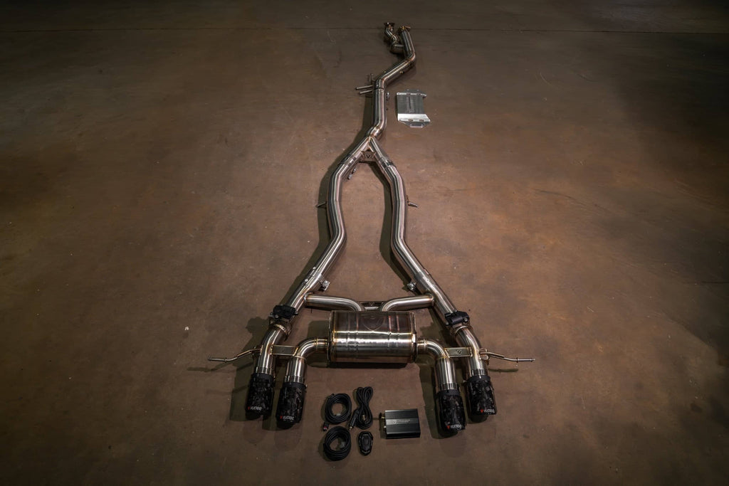 Kies-Motorsports Valvetronic Designs BMW G8x M3 / M4 Valved Sport Exhaust System FULL SYSTEM EQUAL LENGTH (CATBACK) / BRUSHED T304 STAINLESS STEEL / (4) FORGED CARBON FIBER (3.5 OUTLET)