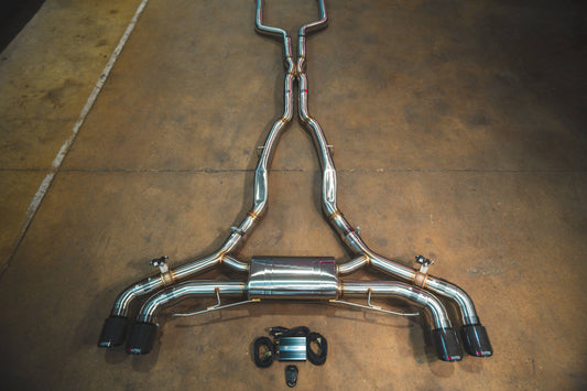 Kies-Motorsports Valvetronic Designs BMW X5M / X6M F95 / F96 VALVED SPORT EXHAUST SYSTEM BRUSHED T304 STAINLESS STEEL / (4) 1x1 Carbon Fiber (4.0 Inch Outlet)