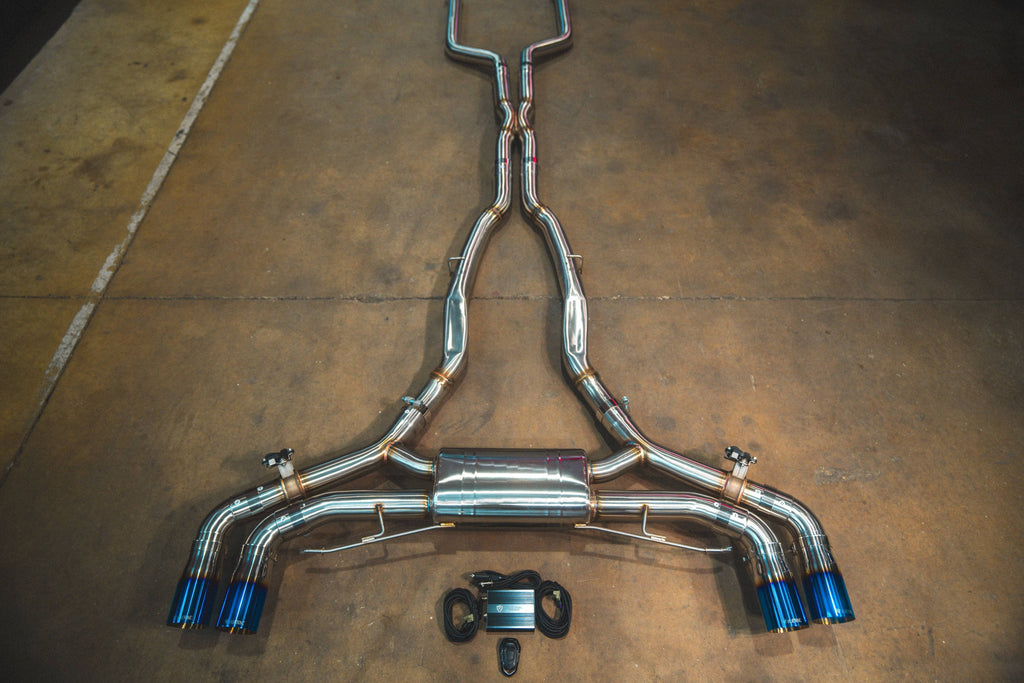 Kies-Motorsports Valvetronic Designs BMW X5M / X6M F95 / F96 VALVED SPORT EXHAUST SYSTEM BRUSHED T304 STAINLESS STEEL / (4) Burnt (3.5 Inch Outlet)