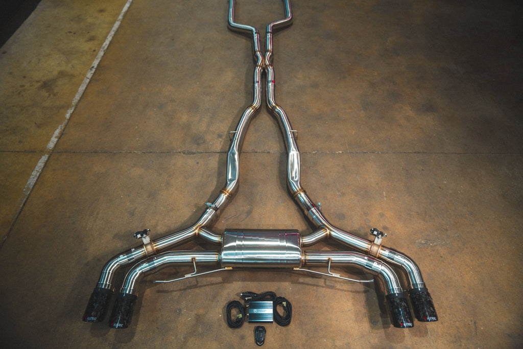 Kies-Motorsports Valvetronic Designs BMW X5M / X6M F95 / F96 VALVED SPORT EXHAUST SYSTEM BRUSHED T304 STAINLESS STEEL / (4) Forged Carbon Fiber (3.5 Inch Outlet)
