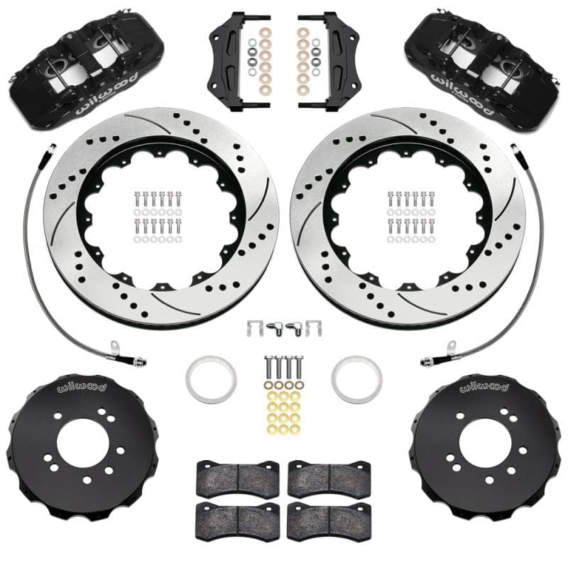 Kies-Motorsports Wilwood Wilwood 95-98 Nissan Skyline Aerolite 6R Front BBK w/ 14.00in D/S Rotors & Flexlines - Black