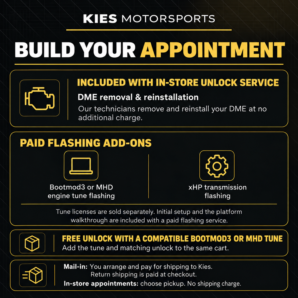 USA DME unlock: removal and reinstallation included for in-store appointments. Bootmod3/MHD engine flashing and xHP transmission flashing are paid add-ons.